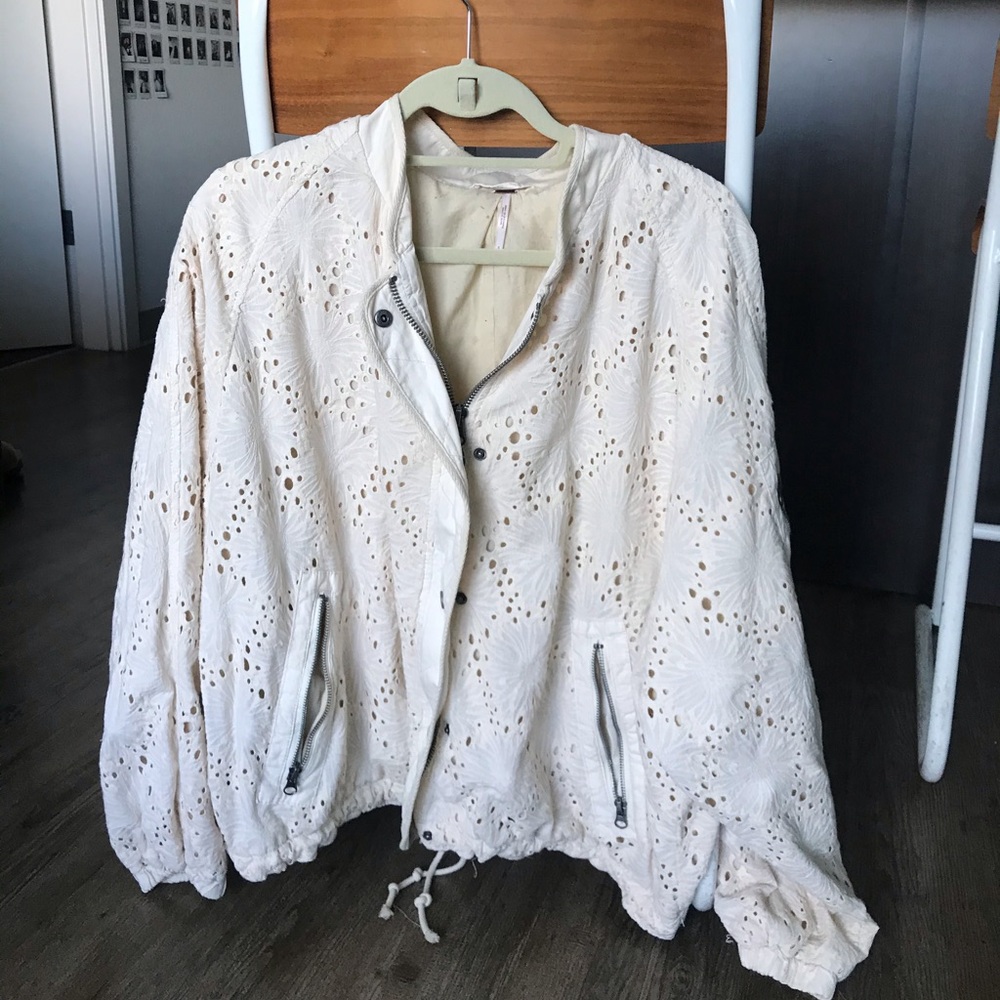 Cream crocheted free people bomber jacket